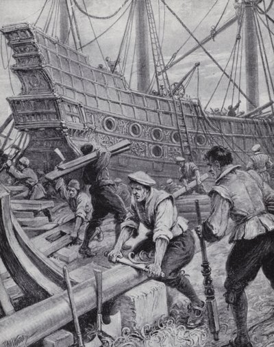 Edifício do galeão inglês Ark Royal, a principal nave na luta contra a Armada Espanhola em 1588 (litho) de Paul (after) Hardy