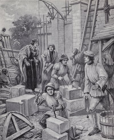 O Rei Henrique VI supervisiona o edifício do Colégio Eton que ele fundou em 1440 (litho) de Paul (after) Hardy
