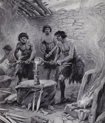Homens trabalhando em uma fundição durante a Idade do Bronze (litho) de Paul (after) Hardy