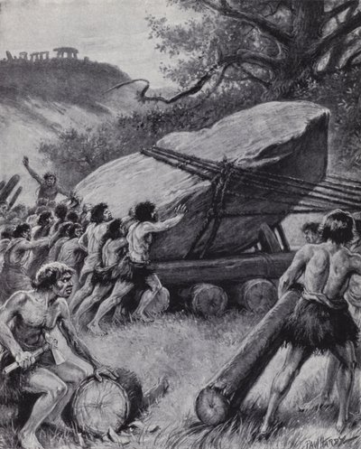 Homens paleolíticos movendo uma laje gigante de rocha sobre rodas (litho) de Paul (after) Hardy