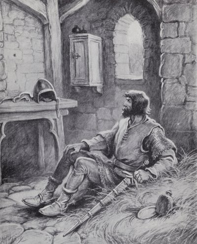Robert o Bruce com a aranha que o inspirou a tentar novamente derrotar os ingleses (litho) de Paul (after) Hardy