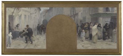 Esboço para o Hôtel de Ville de Paris, gabinete do préfet: Transporte dos feridos para a ambulância. Filas de espera em frente a uma loja durante o cerco de Paris em 1870 de Paul Albert Baudouin