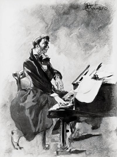 O compositor e pianista Frederic Chopin tocando piano, de Albert Besnard (1849-1934), aguarela de Paul Albert Besnard