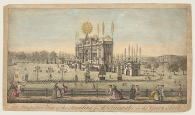 Uma visão em perspectiva do edifício para os fogos de artifício no Green Park, Londres, ca. 1749. de Paul Angier