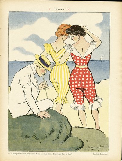 Ilustração de Paul Balluriau (1860-1917) em Le Rire, 01/08/08 - Praias - Lazer, Amor, Moda, Marinha de Mar, Roupa de Banho de Paul Balluriau