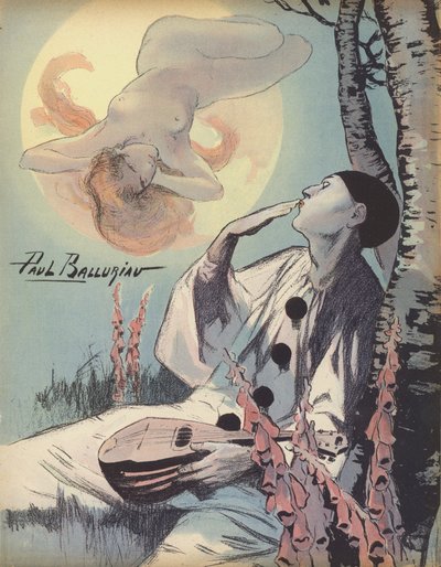Pierrot a soprar um beijo em direcção a uma visão de uma mulher nua (cor litho) de Paul Balluriau