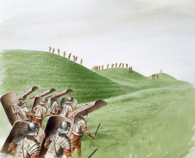 Soldados romanos em batalha com tribos celtas, século 1, c1990-2010 de Paul Birkbeck