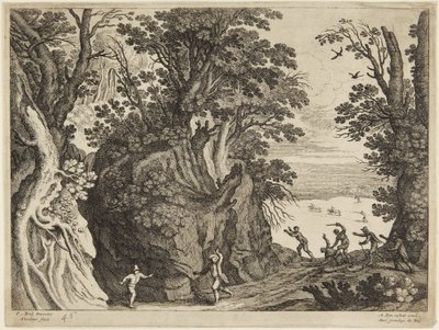 Luta entre homens numa paisagem rochosa de Paul Bril