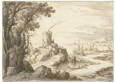 Vista de uma costa com uma torre de menagem ou farol de Paul Bril