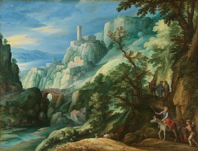 Paisagem montanhosa italiana com o caminho para Emaús de Paul Bril