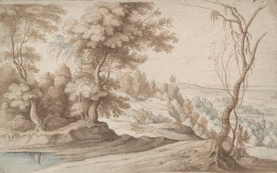 Paisagem com árvores e vista para um vale de Paul Bril