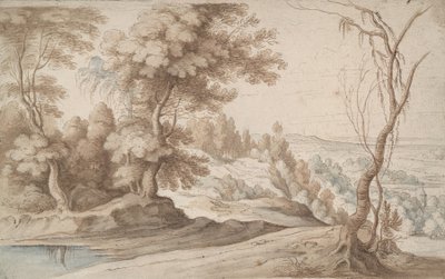 Paisagem com árvores e vista para um vale de Paul Bril