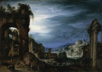 Paisagem de ruínas romanas com uma procissão de Paul Bril