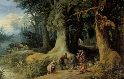 Ataque de armas num bosque Um grupo de bandidos de auto-estrada. Pintura de Paul Bril (Brill) (1554-1626) de Paul Bril