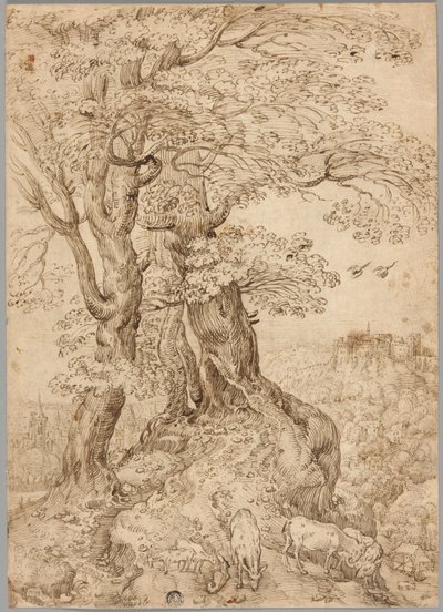 Paisagem arborizada com burros e cabras e castelo na colina à distância de Paul Bril
