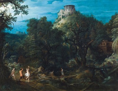 Uma paisagem densamente arborizada com o Templo de Vesta em Tivoli e um sátiro e ninfas a dançar num vale (óleo sobre cobre) de Paul Brill or Bril