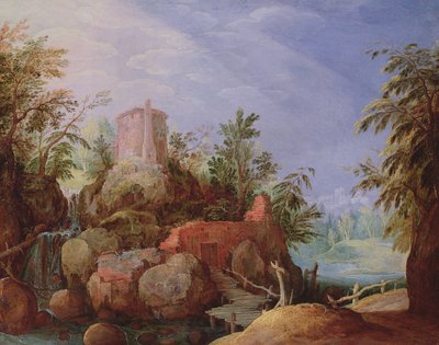 Paisagem fantástica com uma cachoeira e ponte de Paul Bril