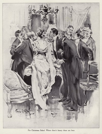 Homens a rodear uma mulher bonita como abelhas à volta de um pote de mel (litografia) de Paul C. Stahr
