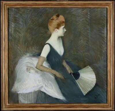 Madame Marthe Letellier sentado em um sofá, segurando um leque, c.1895 (pastel sobre tela) de Paul Cesar Helleu