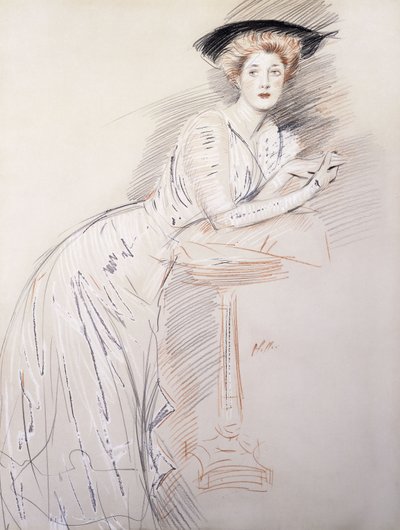 Retrato de Miss Taylor, apoiando-se em uma mesa, de Paul Cesar Helleu