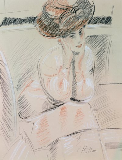 Retrato de uma senhora (giz preto, branco e vermelho sobre papel amarelo) de Paul Cesar Helleu