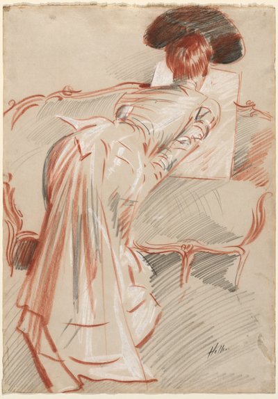 Mulher (possivelmente Madame Alice Hellu) a olhar para um desenho, c. 1895 (giz preto, vermelho e branco) de Paul Cesar Helleu