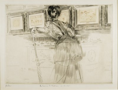 Mulher olhando para desenhos de watteau no louvre, c. 1895 de Paul Cesar Helleu