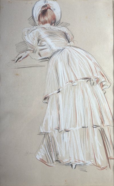 Mulher, ficar, inclinar-se, detrás, (pastel) de Paul Cesar Helleu