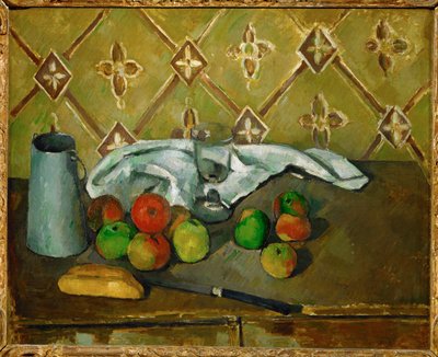 Frutas, guardanapo e jarro de leite de Paul Cézanne