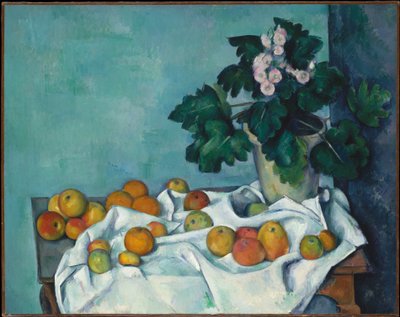 Natureza-morta com maçãs e um vaso de prímulas de Paul Cézanne