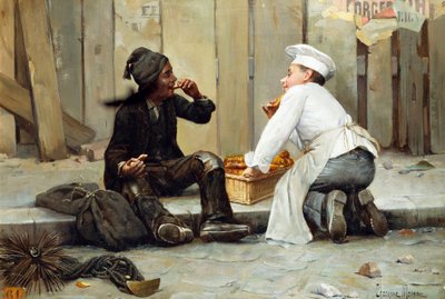 "O pequeno padeiro e o pequeno limpa-chaminés" As duas crianças estão a saborear bolos no passeio. O limpa-chaminés está coberto de fuligem, enquanto o padeiro está vestido de branco imaculado. Pintura de Paul Chocarne Moreau (Chocarne-Moreau) (1855 de Paul Charles Chocarne-Moreau