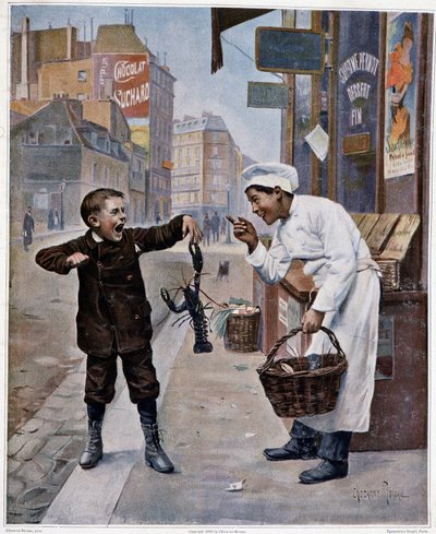 Jovem cozinheiro a gozar com um miúdo beliscado por uma lagosta - desenho de Chocarne-Moreau de Paul Charles Chocarne Moreau