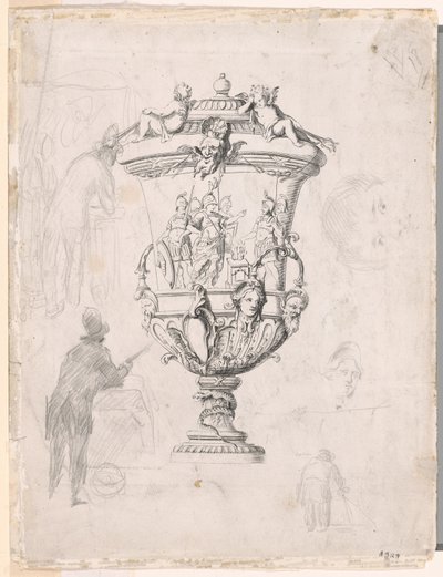 Estudos de figuras em torno de uma gravura de um vaso ornamental de Paul Cézanne
