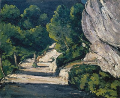 Panorama. Estrada com árvores nas montanhas rochosas de Paul Cézanne