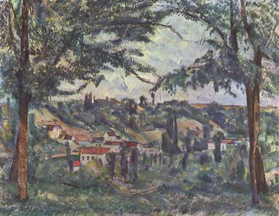 O Hameau des Pâtis em Pontoise, emoldurado por árvores de Paul Cézanne