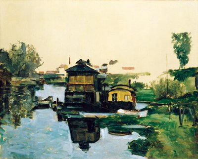 Casas flutuantes num rio de Paul Cézanne