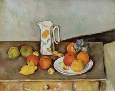 Ainda vida: jarro de leite e frutas sobre uma mesa de Paul Cézanne