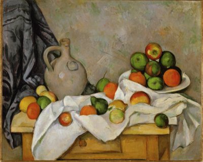 Cortina, jarro e fruteira de Paul Cézanne