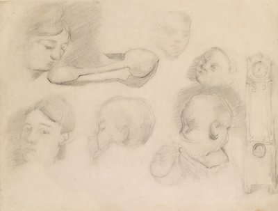 Estudos de uma cabeça de criança, uma cabeça de mulher, uma colher e um relógio de caixa longa, c1872 de Paul Cézanne