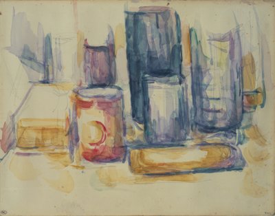 Mesa de cozinha: panelas e garrafas de Paul Cézanne