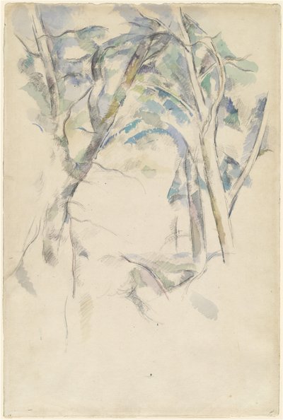 Árvores inclinadas sobre rochas de Paul Cézanne