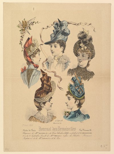 Chapéus femininos, nº 4671, do Journal des Demoiselles, 1º de abril de 1888. de Paul Deferneville