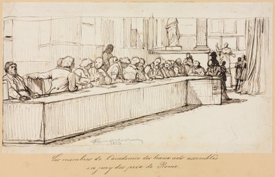 Os membros da Academia de Belas Artes reunidos para o Júri do Prêmio Roma, 1841 ou 1842. de Paul Delaroche
