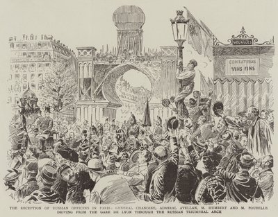 A recepção de oficiais russos em Paris, General Chanoine, Almirante Avellan, M Humbert e M Poubelle dirigindo da Gare de Lyon através do Arco do Triunfo da Rússia de Paul Destez