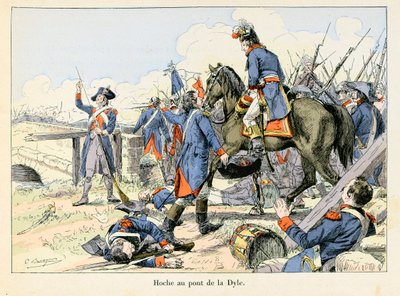 Hoche au pont de la Dyle: Em março de 1793, cobrindo o retiro na passagem do Dyle em frente a Leuven (Bélgica), Lazare Hoche (1768-1797) lutou contra os austríacos - ilustração de Emile Boutigny (1853-1929) Em "Hoche-Marceau-Desaix" de Theodore de Paul Émile Boutigny