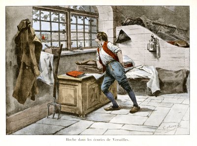 Rattle in the stables of Versailles: Lazare Hoche (1768-1797) entrou nos estábulos reais aos 14 anos de idade como assistente supranumerário - Ilustração de Emile Boutigny (1853-1929) Em "Hoche-Marceau-Desaix" de Theodore Cahu (1854-1928) - Coleção privada de Paul Émile Boutigny