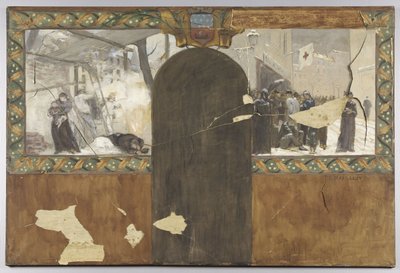 Esboço para o gabinete do prefeito no Hôtel de Ville de Paris: O bombardeamento de Paris - A fila à porta de um talho municipal de Paul Emile Mangeant