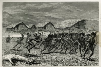 Descida dos guerreiros Papus Arfaks em Dorey (Nova Guiné Ocidental), gravada por E.Mesples, para ilustrar a viagem à Nova Guiné por Achille Raffray, encarregado de uma missão científica pelo Ministério da Educação Pública, em 1876-1877, publicada no tour d de Paul Eugene (after) Mesples