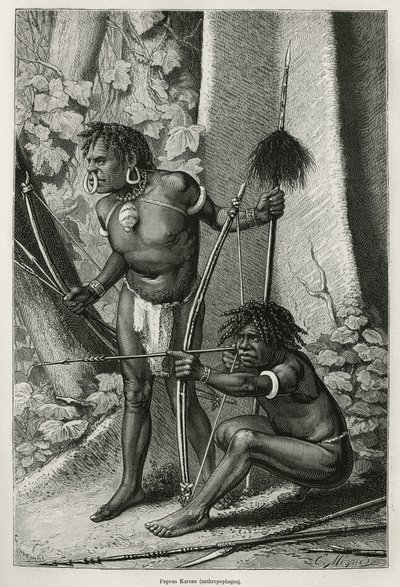 Retratos de dois papas Karons, antropófagos, gravados por E.Mesples, para ilustrar a viagem à Nova Guinee por Achille Raffray, encarregada de uma missão científica pelo Ministério da Educação Pública, em 1876-1877, publicada no tour du monde, sob de Paul Eugene (after) Mesples
