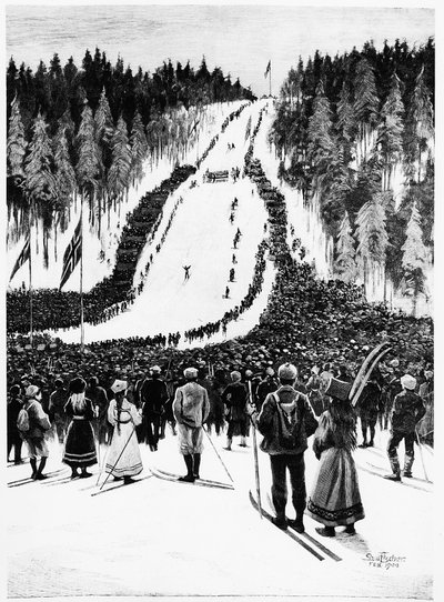 Ski: O derby norueguês, a corrida de esqui - desenho de Paul fisher, fevereiro de 1900, Bibl. des Arts Deco. de Paul Fischer